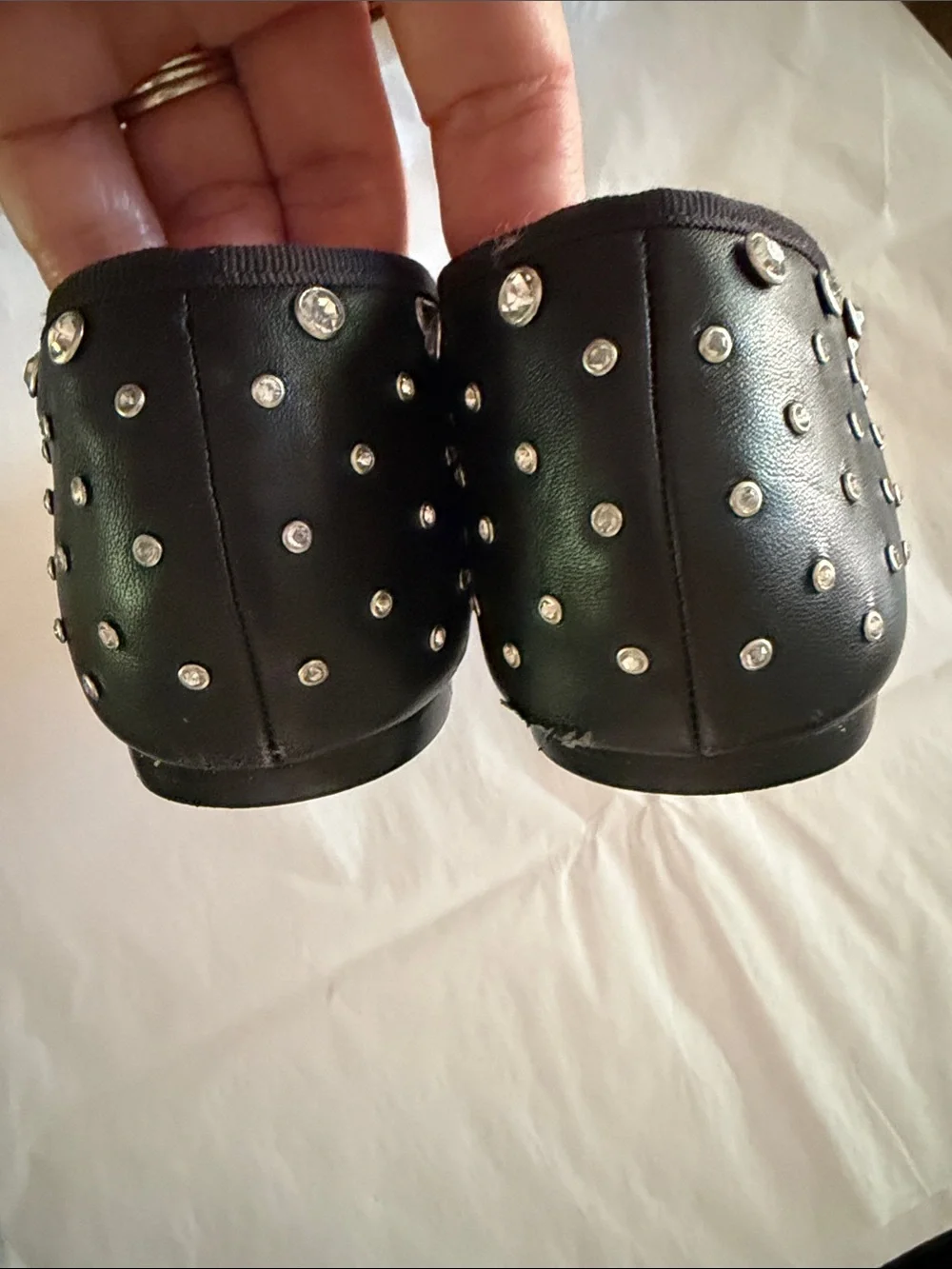 J.Crew Quinn Black Studded Square Toe Leather Ballet Flats with Crystal Accents